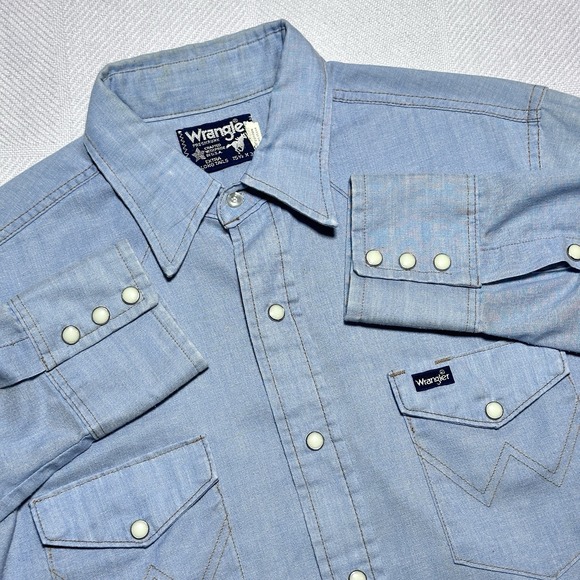 Wrangler Other - Vintage 80s Wrangler Pearl Snap Shirt Mens 15.5-32 Chambray Western Flap Pocket